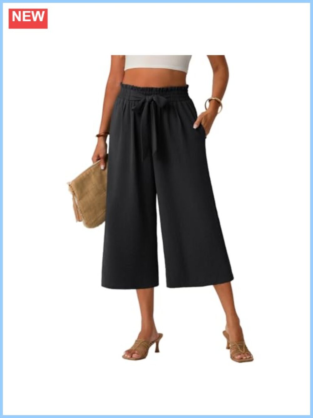 Women Wide Leg Capri Pants High Waisted with Pockets Flowy Summer